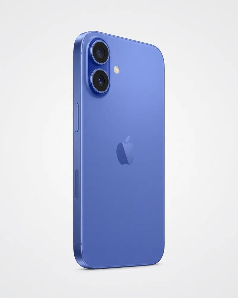 iPhone 16 na cor Ultramarino, visto de trás