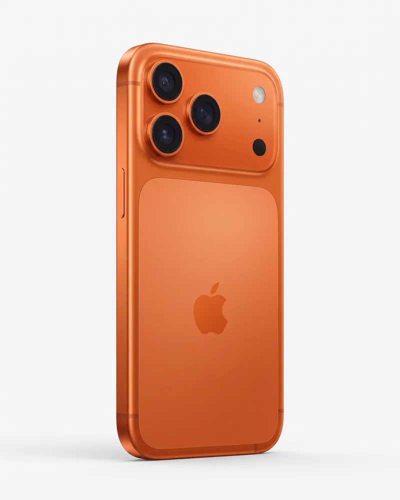iPhone 17 Pro na cor Laranja-cósmico, visto de trás